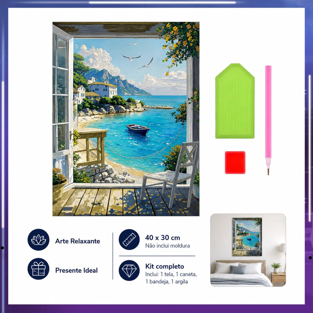 Pintura de Diamante 5D Casinha à beira-mar 40x30cm Broca Quadrada – artesanato terapêutico, decoração criativa, presente