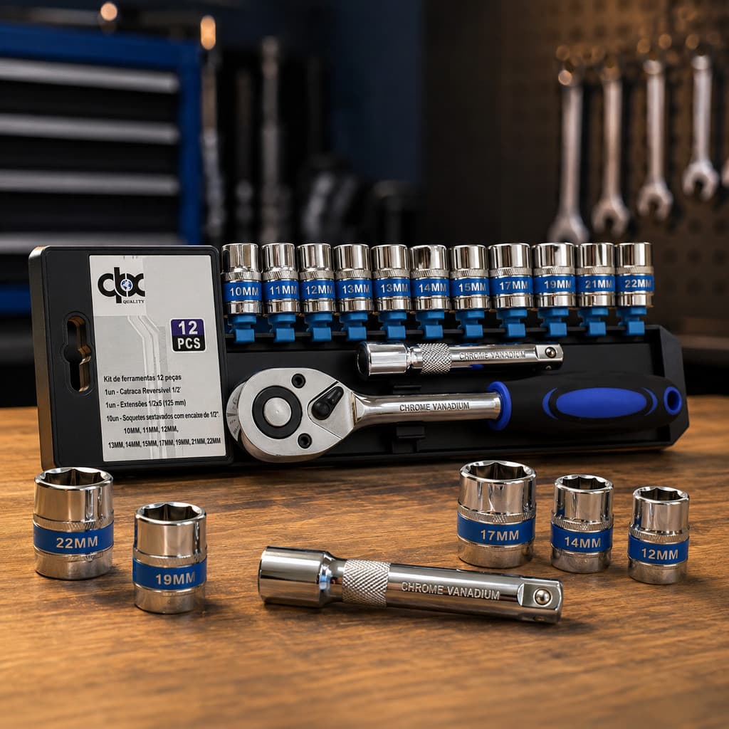 Kit Soquetes 1/2 12 Peças Catraca Reversível Chaves Soquete 10mm a 22mm Cromo Vanádio