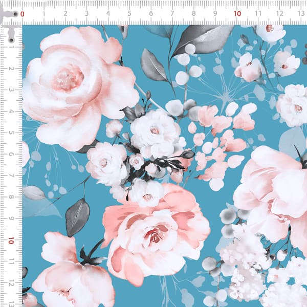 Tecido Tricoline Digital Aquarela Floral Azul Botânico Pano Patchwork Costura Ateliê Artesanato DIY
