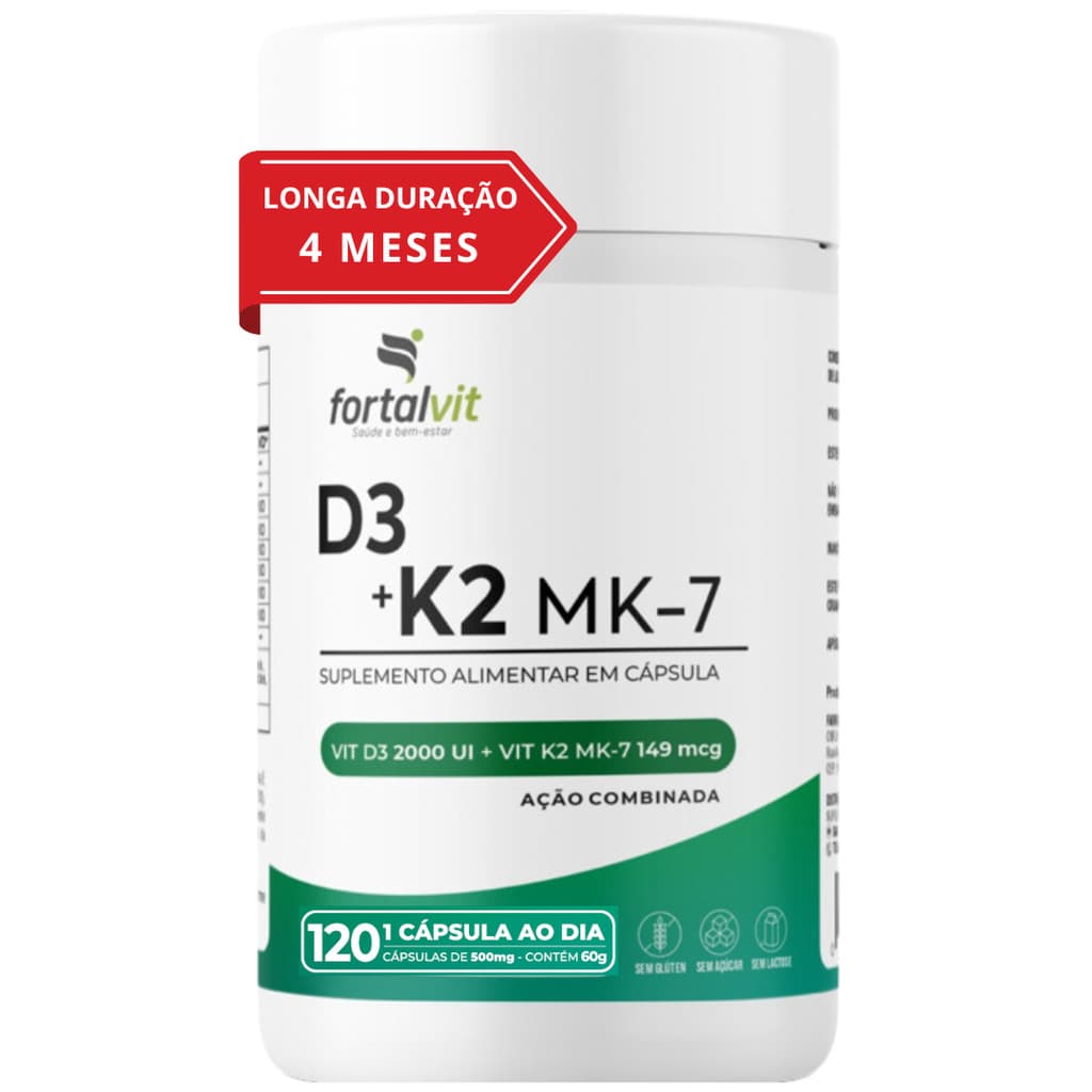 Vitamina D3 + K2 Longa Duração: 4 Meses Uso, 2000UI D3, 149mcg Vitamina K2 MK-7, 120 Cápsulas, Fortalvit