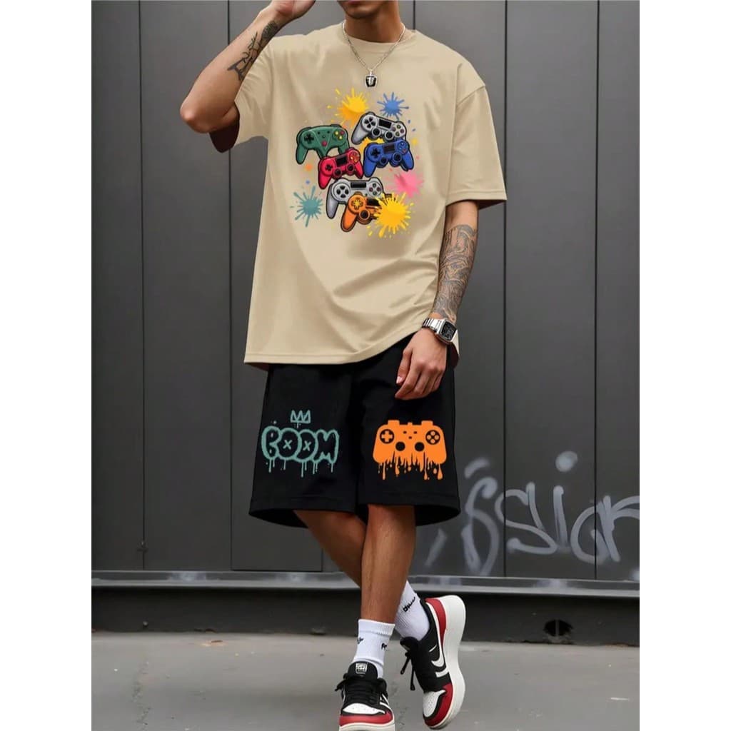 Kit Camiseta Caqui e Bermuda de Moletom "Controles de Videogame Coloridos" Estilo Tumblr Moderno - Lançamento ESPECIAL P