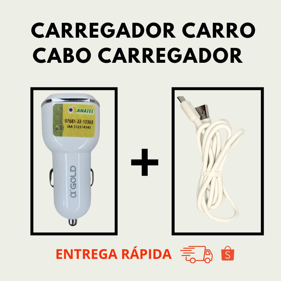 Kit Carregador Veicular + Cabo Carregador Tipo-C - Carregamento Rapido Carregador Carro Turbo Cabo 1 Metro
