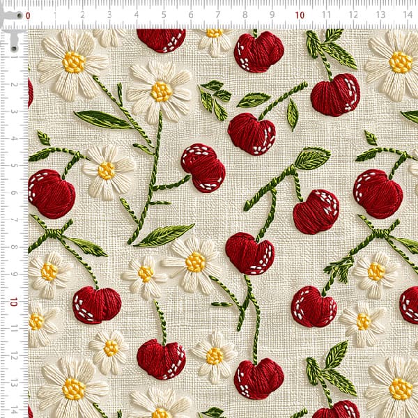 Tecido Tricoline Digital Cerejas e Margaridas Artesanato Costura Patchwork Pano DIY Quilt