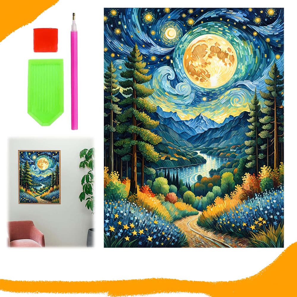 Floresta ao Luar, Pintura Diamante Quadrada, Arte Diamante 5D DIY, Kit Inicial de Pintura Diamante, 30 x 40 cm