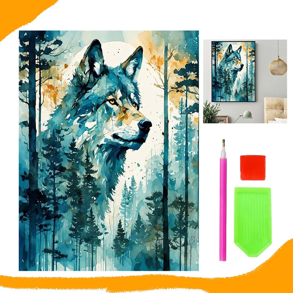 Floresta e Lobo, Pintura Diamante Quadrada, Pintura Diamante 5D DIY, Kit de Pintura Diamante para Iniciantes, 30 x 40cm