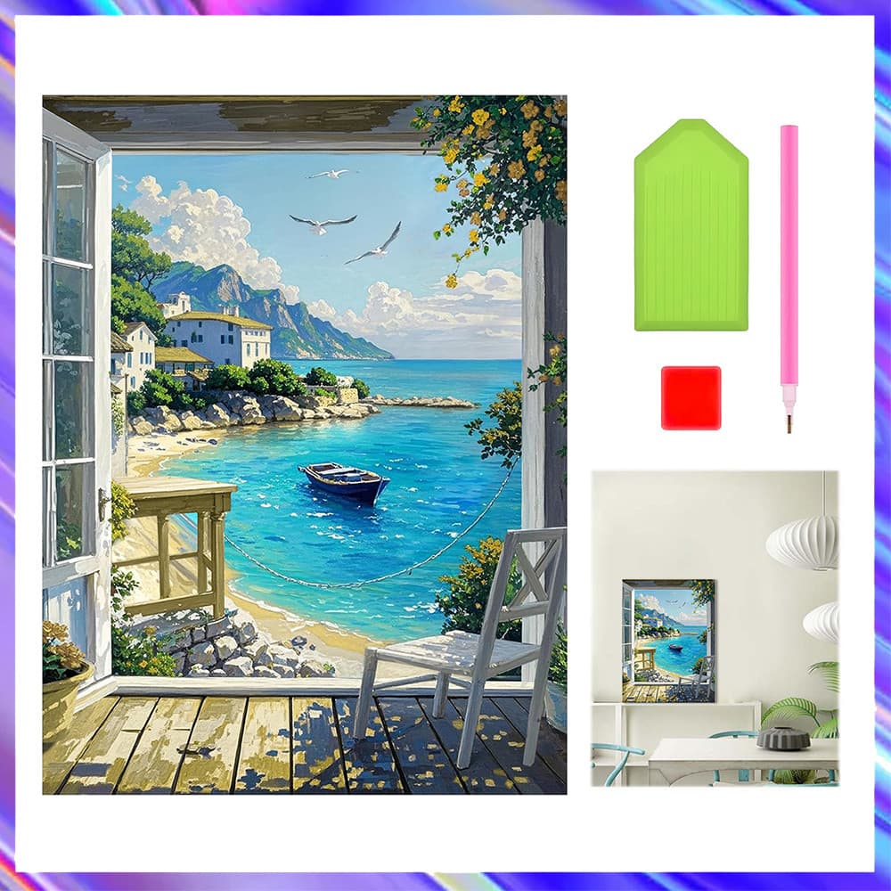 30 x 40 cm, Conjunto de 5D Cabana à beira-mar Diamante Arte Pintura DIY Diamante quadrados, pintura diamante 5D DIY