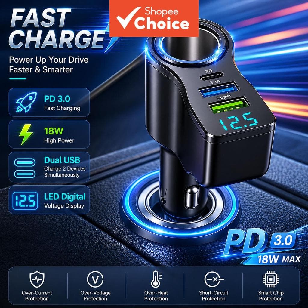 Adaptador De Energia Para Carro Com Display Digital USB PD Carregador Rápido