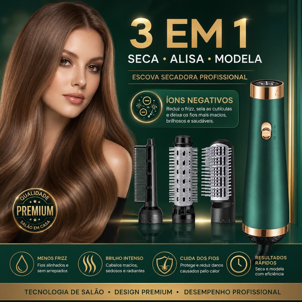 Escova Secadora 3 Em 1 Íon Negativo 110V Secador De Cabelo Pente De Ar Quente Modelador Profissional e Domestico