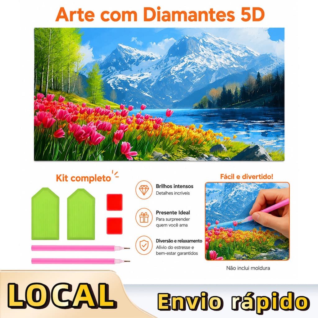 Pintura de Diamante 5D Tulipa 70x40cm Broca Quadrada – ferramentas inclusas, prática, relaxante, arte moderna