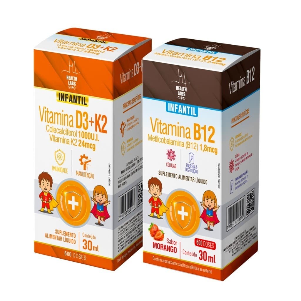Kit Vitamina D3 K2 Infantil 30ml + Vitamina B12 Infantil 30ml Morango