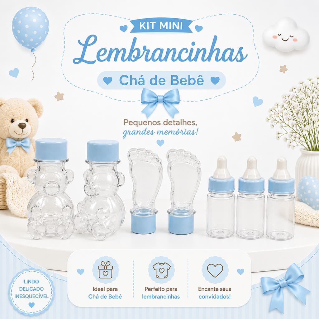 Kit Chá de Bebe 10 Tubetes Urso 10 Mamadeira 10 Tubete Pezinho Pé Lembrancinha Festa Chá revelação Cha