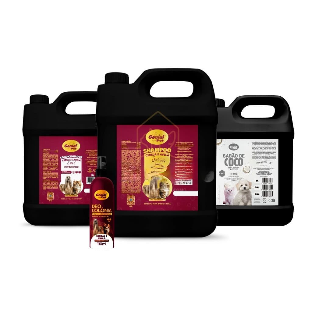Shampoo + Condicionador Cereja/Avelã 5l + Colônia 110ml + Sabão Pré-lavagem para Cachorro e Gatos Genial Pet Banho Tosa