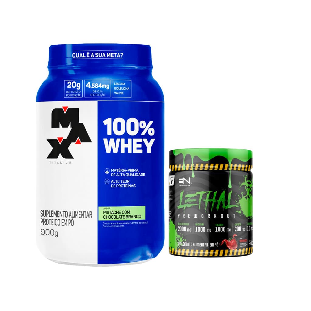 Kit 100% Whey Protein Max Titanium Pote 900g Pistache com Chocolate Branco + Pré Treino Lethal 300g Morango