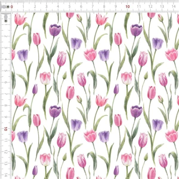 Tecido Tricoline Digital  Mini Tulipas Rosas e Roxas Artesanato Patchwork Ateliê Pano Costura DIY