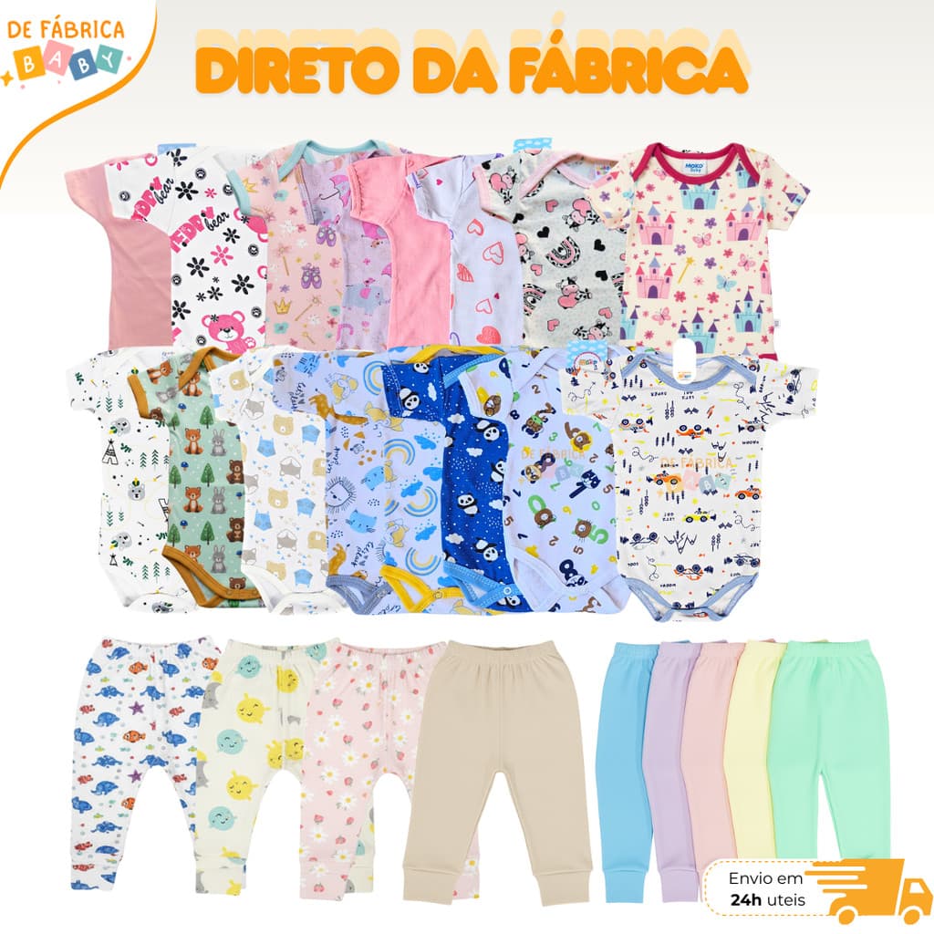Kit 14 peças Enxoval Bebê Menino e Menina Body  Calça Mijão 100% Algodão
