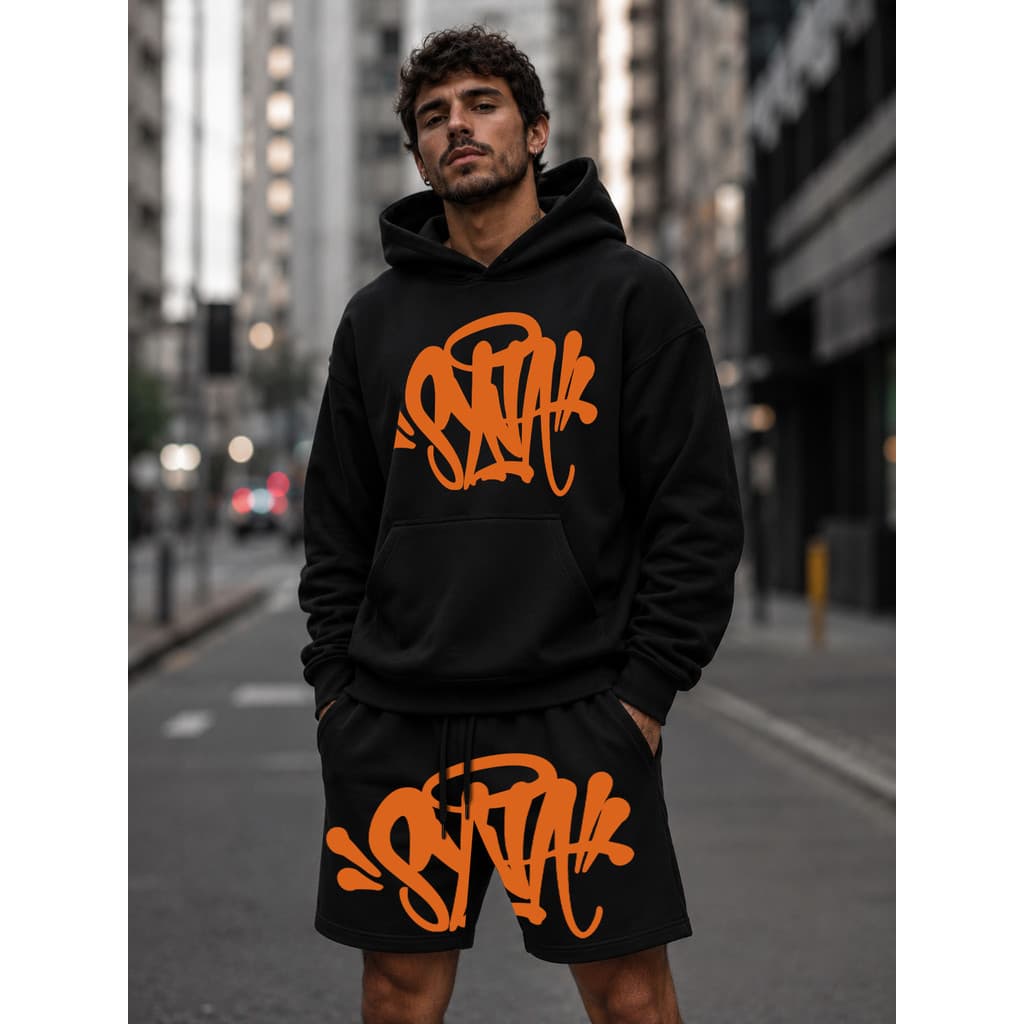 Kit Moletom + Short Streetwear Estilo De Rua Syna Y2k Black Orange unissex Têndencia envio imediato