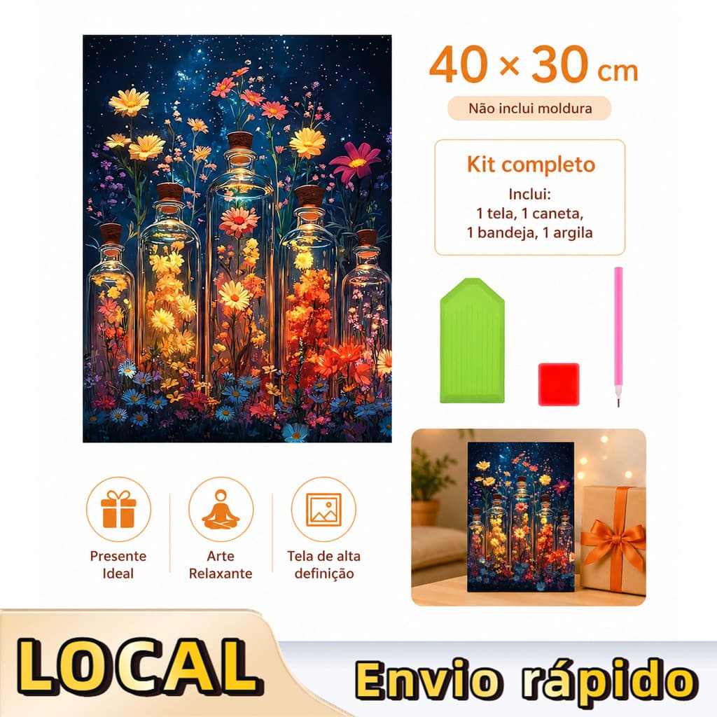 Pintura de Diamante 5D Flores no vaso 40x30cm Broca Quadrada – ferramentas inclusas, prática, relaxante, arte moderna