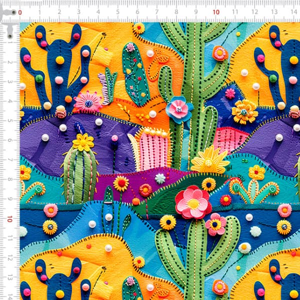 Tecido Tricoline Digital 3D Cactário Bordado Patchwork Costura Ateliê Pano DIY Artesanato