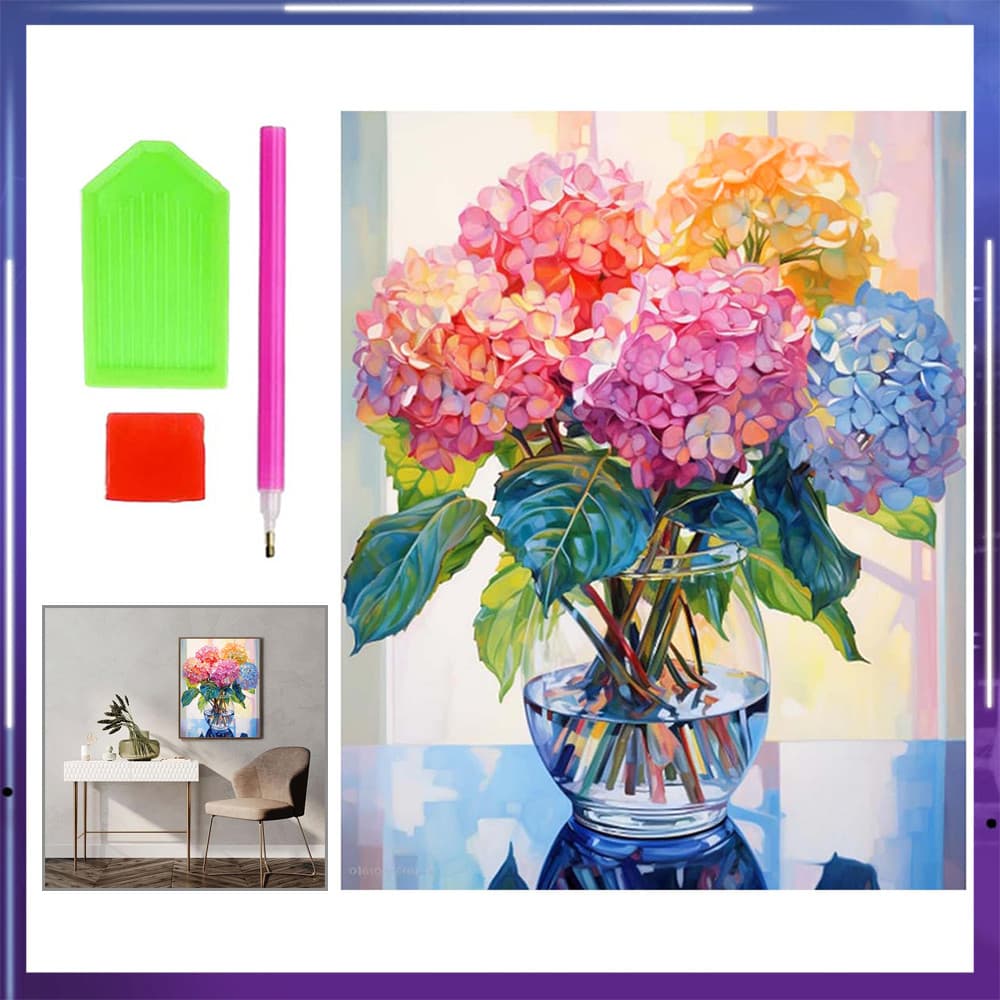 Pintura de Diamante 5D Tema Hortênsias em Garrafa 40x30cm – Pacote de Material DIY, Decoração de Paredes, Relaxante