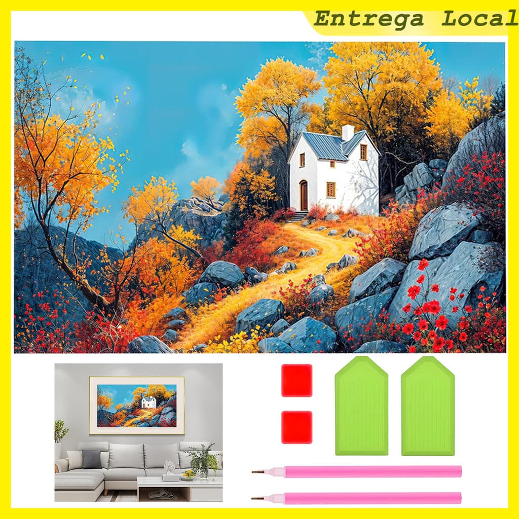 5D pintura diamante quadrado, 70x40 cm Pintura Diamante, "Autumn House" pintura diamante