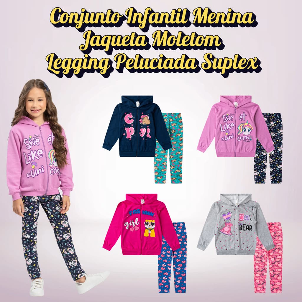 Conjunto Moletom Inverno Menina Jaqueta c/ Capuz e Legging Peluciada  - Tamanho 1 ao 8