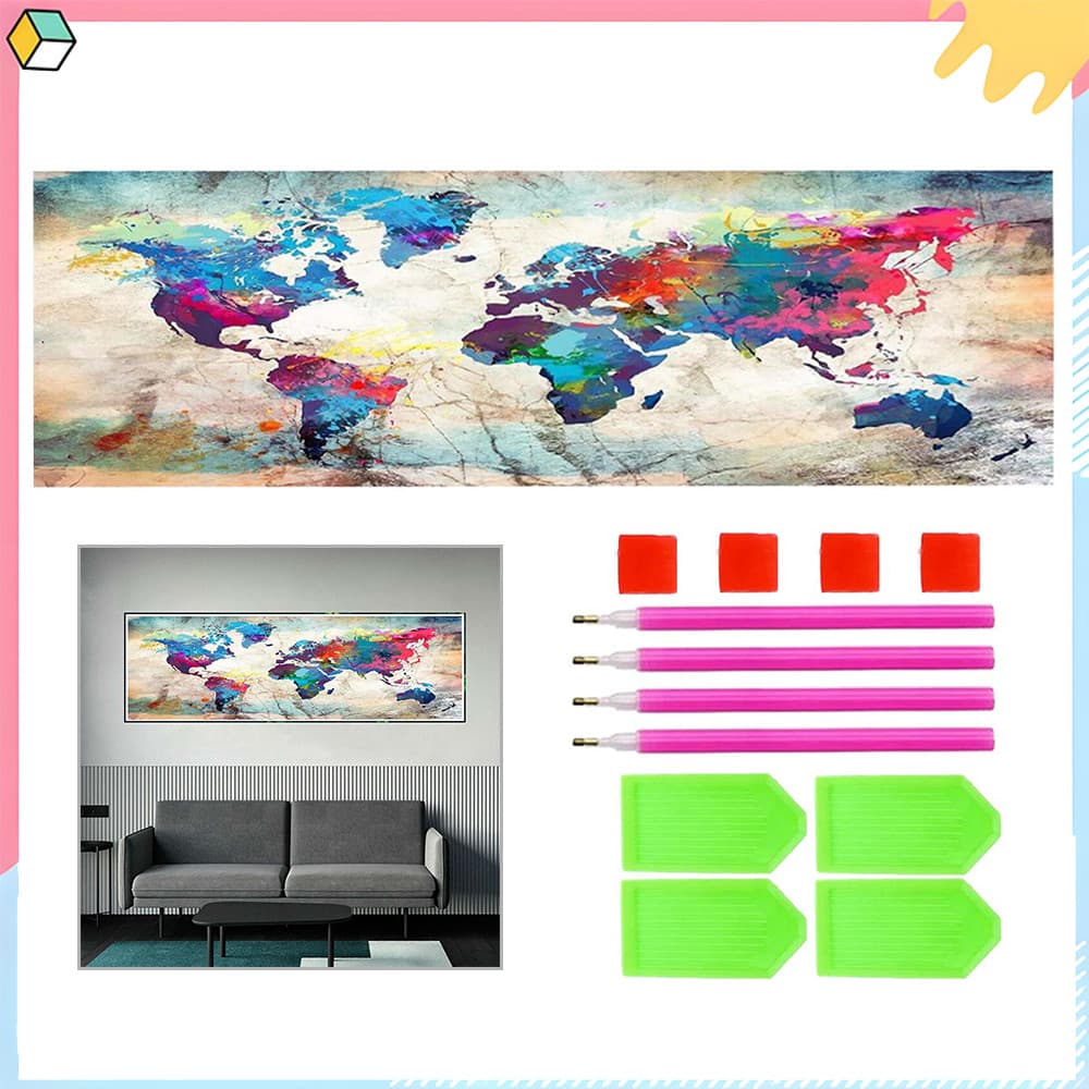 Mapa-múndi, 120 x 40 cm, pintura com diamantes 5D, ferramentas para pintura com diamantes redondo para iniciantes