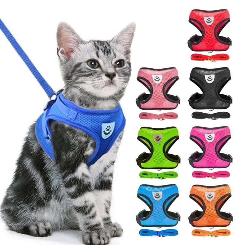 Coleira de segurança para gatos, colete com guia para passeio, para filhotes e cães, coleira de poliéster ajustável, col