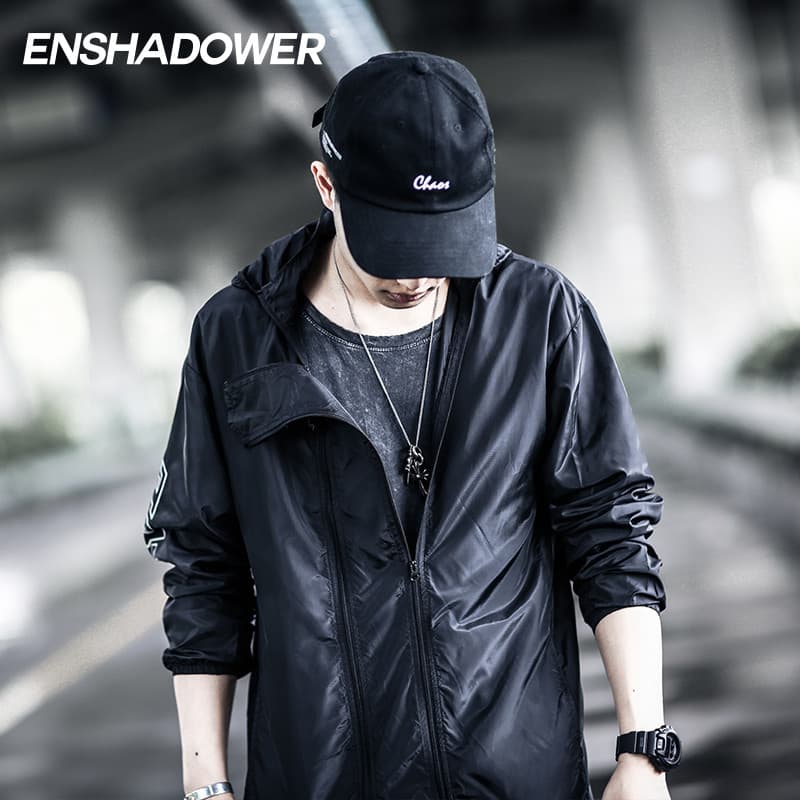 ENSHADOWER Corretivo Outono Jaqueta com Zíper Duplo Street Wear Jaqueta de Pele Leve Jaqueta Com Capuz Masculina