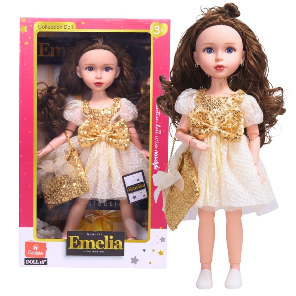 Brinquedo Boneca Articulada Emelia Vestido e Bolsinha Dourado - Castela