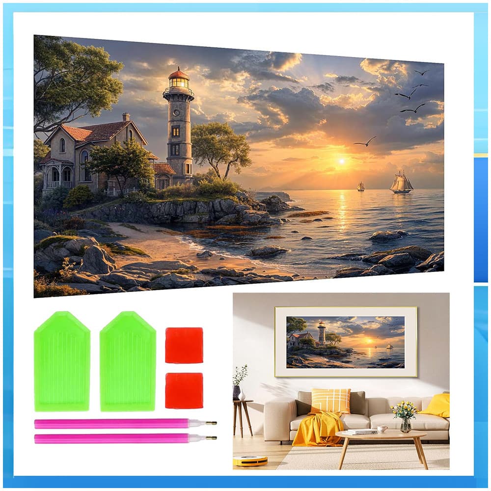 5D Adulto Conjunto de Pintura Diamante Farol Pintura Diamante 70x40cm DIY Diamante Redondo Decoração de Casa