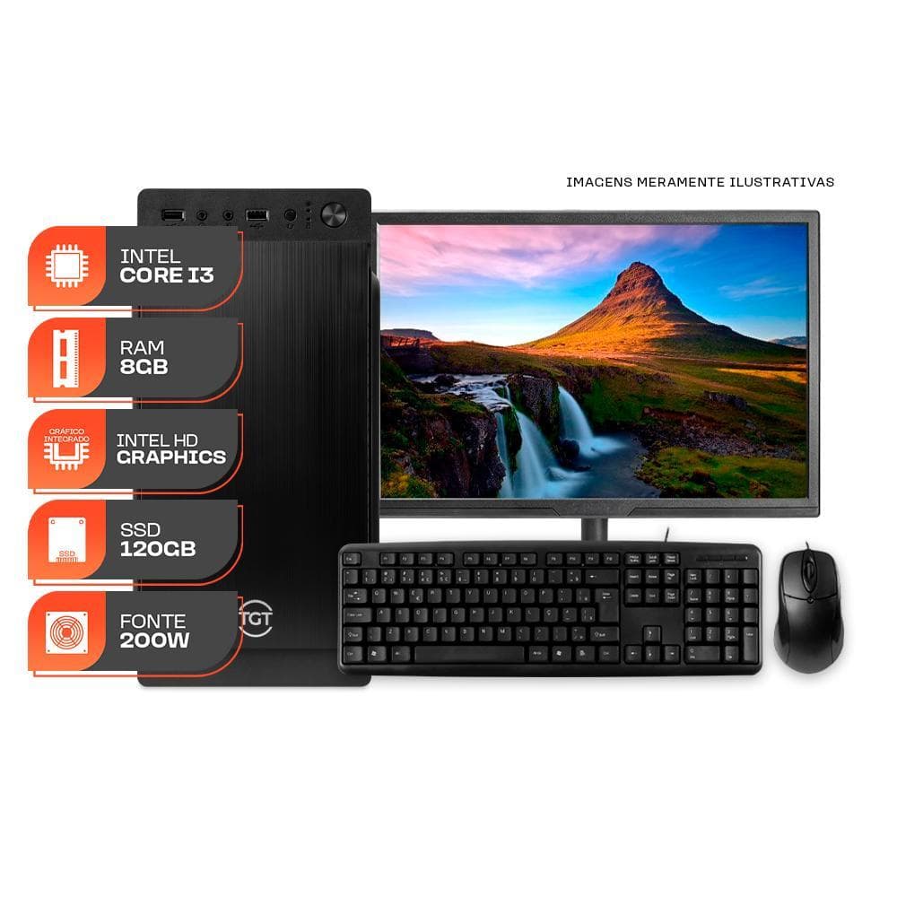 Computador Home Essential S, Intel Core i3, 8GB De Ram, SSD 120GB, Completo com Monitor e Periféricos