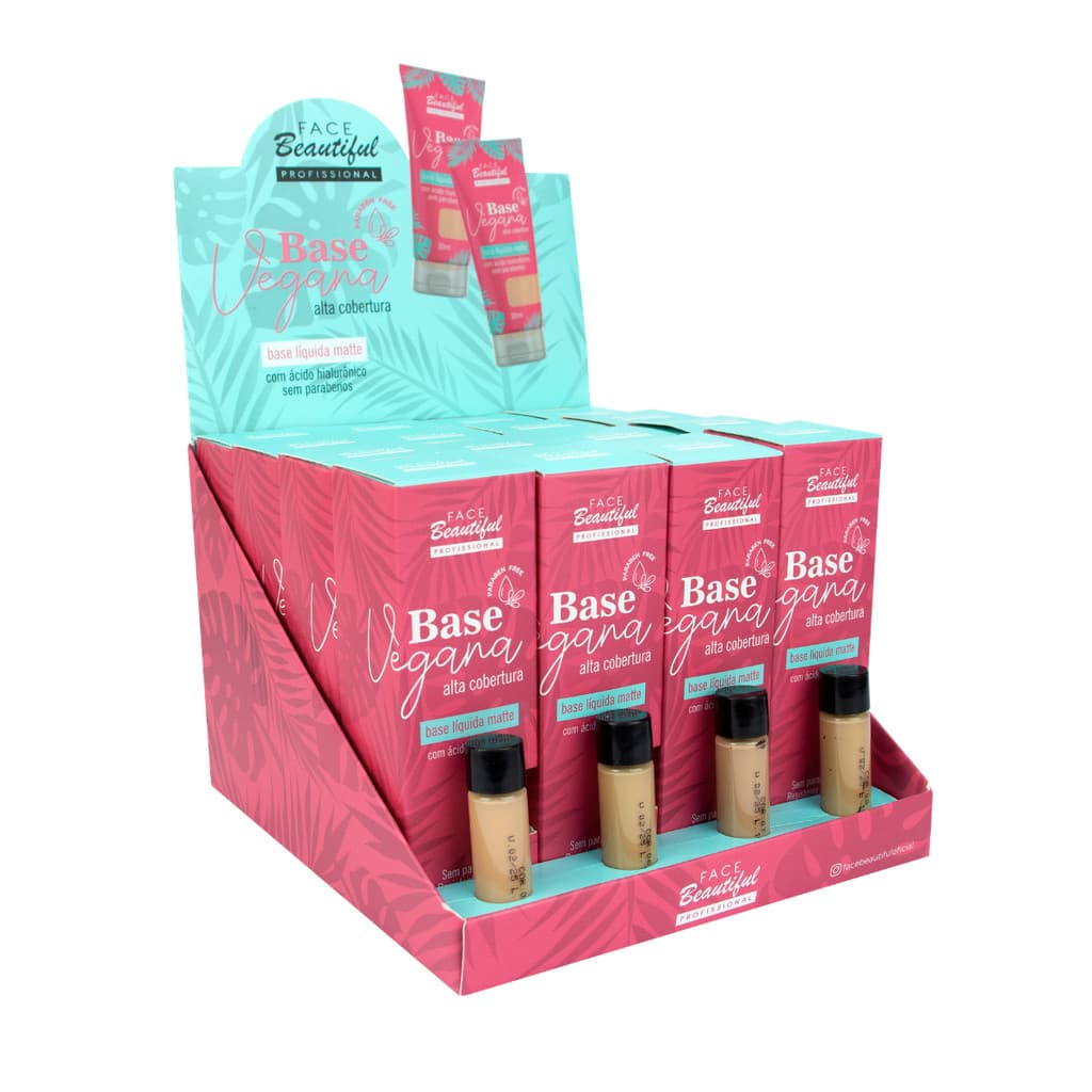 FACE BEAUTIFUL - BASE LIQUIDA MATTE VEGANA COM ACIDO HIALURÔNICO TONS MEDIOS 30ML - 16UN