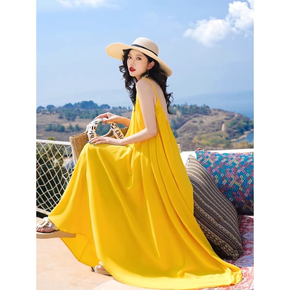 Hainan Sanya foto vestido de praia High-End feminino verão Super fada Halter vestido longo férias à beira-mar vestido am