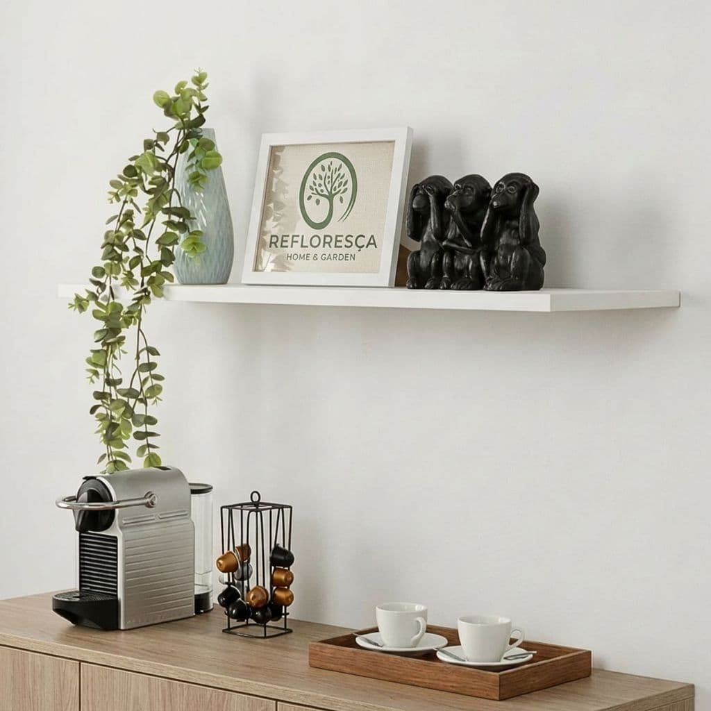 Prateleira de Parede Mdf Branca 100x15cm com Suporte Invisível Refloresça Estante Organizador Multiuso Decorativo