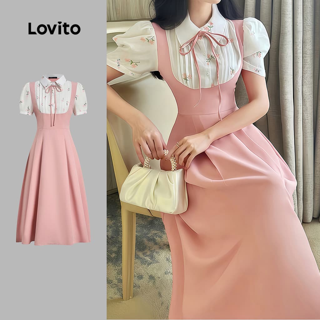 Lovito Vestido Midi Casual Rosa Com Mangas Bufantes Gola Com Laço E Amarração Frontal Modelagem Evasê Para Primavera/verão Para O Dia a Dia Feminina LR35E043