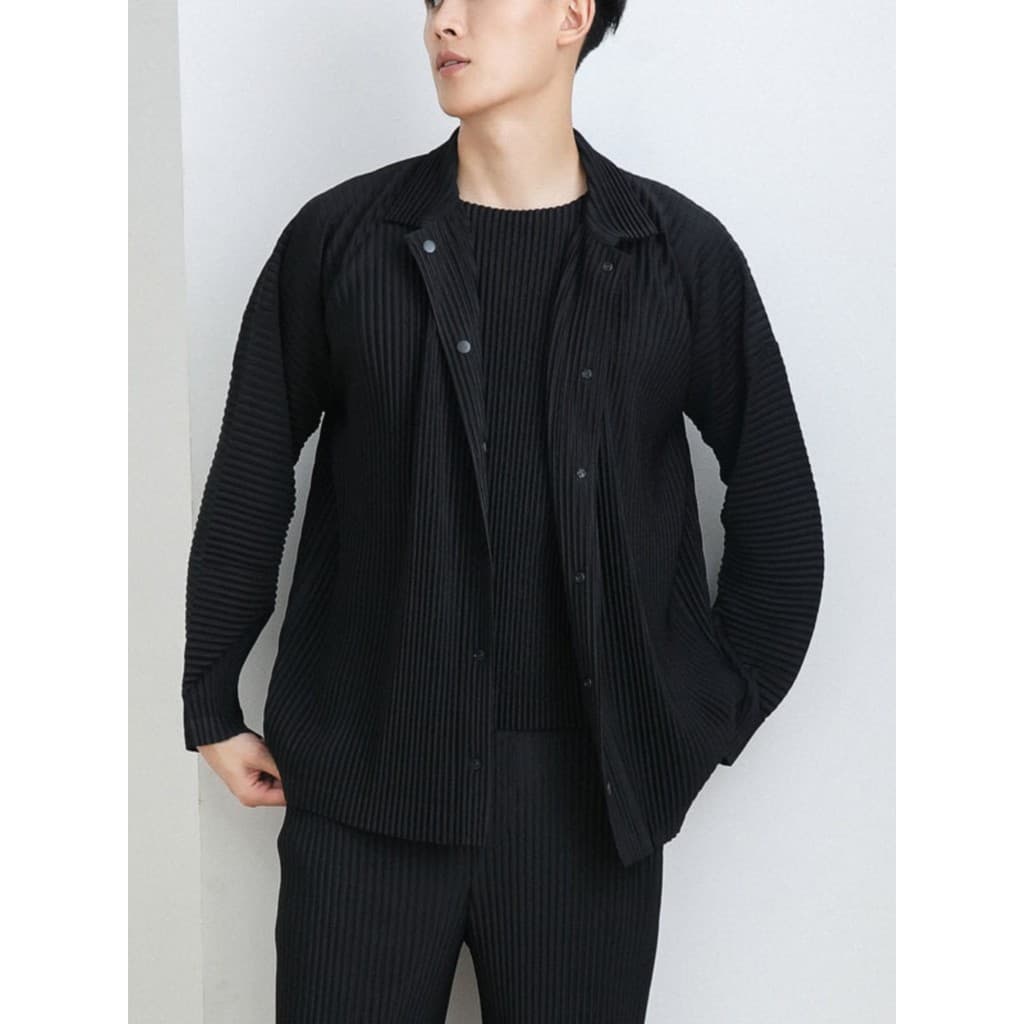 Miyake roupas biblioteca camisa plissada masculina jaqueta de manga comprida lazer jaqueta outono masculino preto sentir