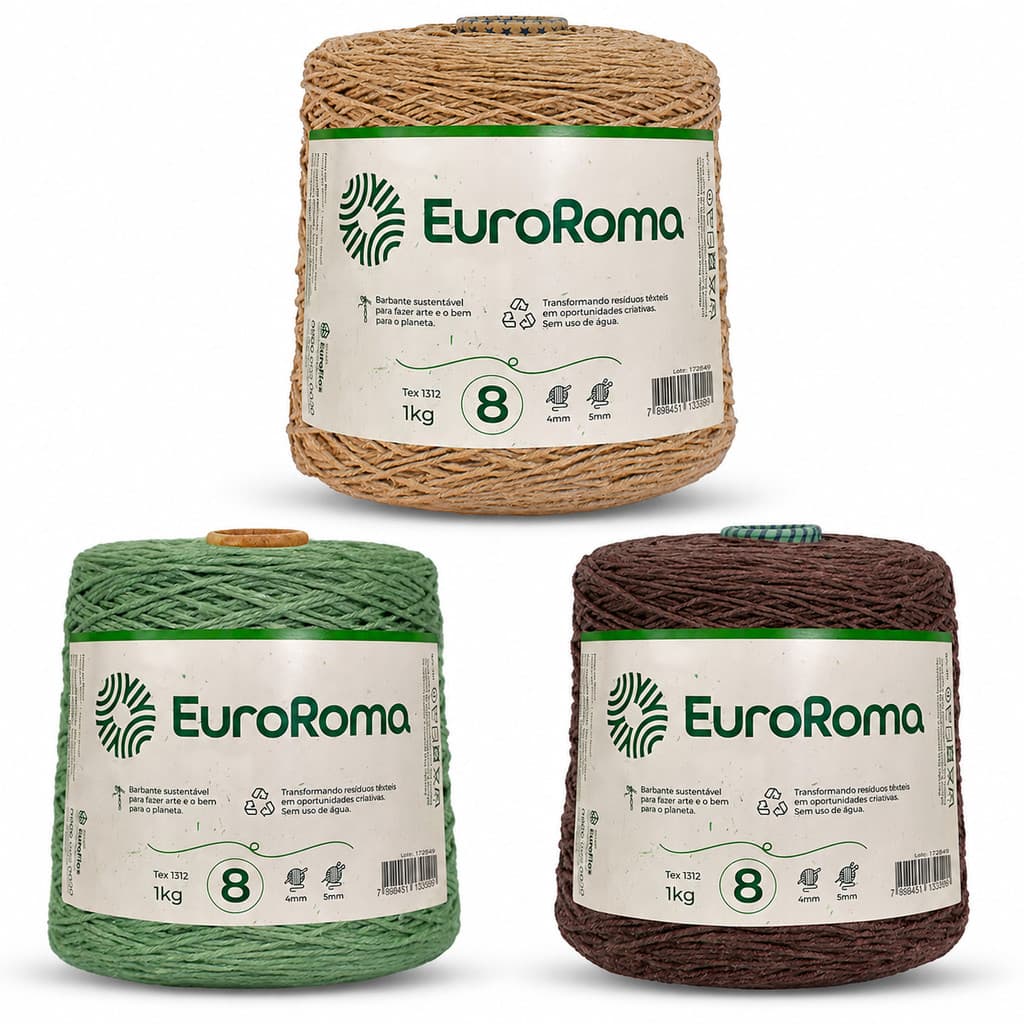 Barbante Euroroma Nº8 1kg Algodão para Crochê Tapete Artesanato Várias Cores