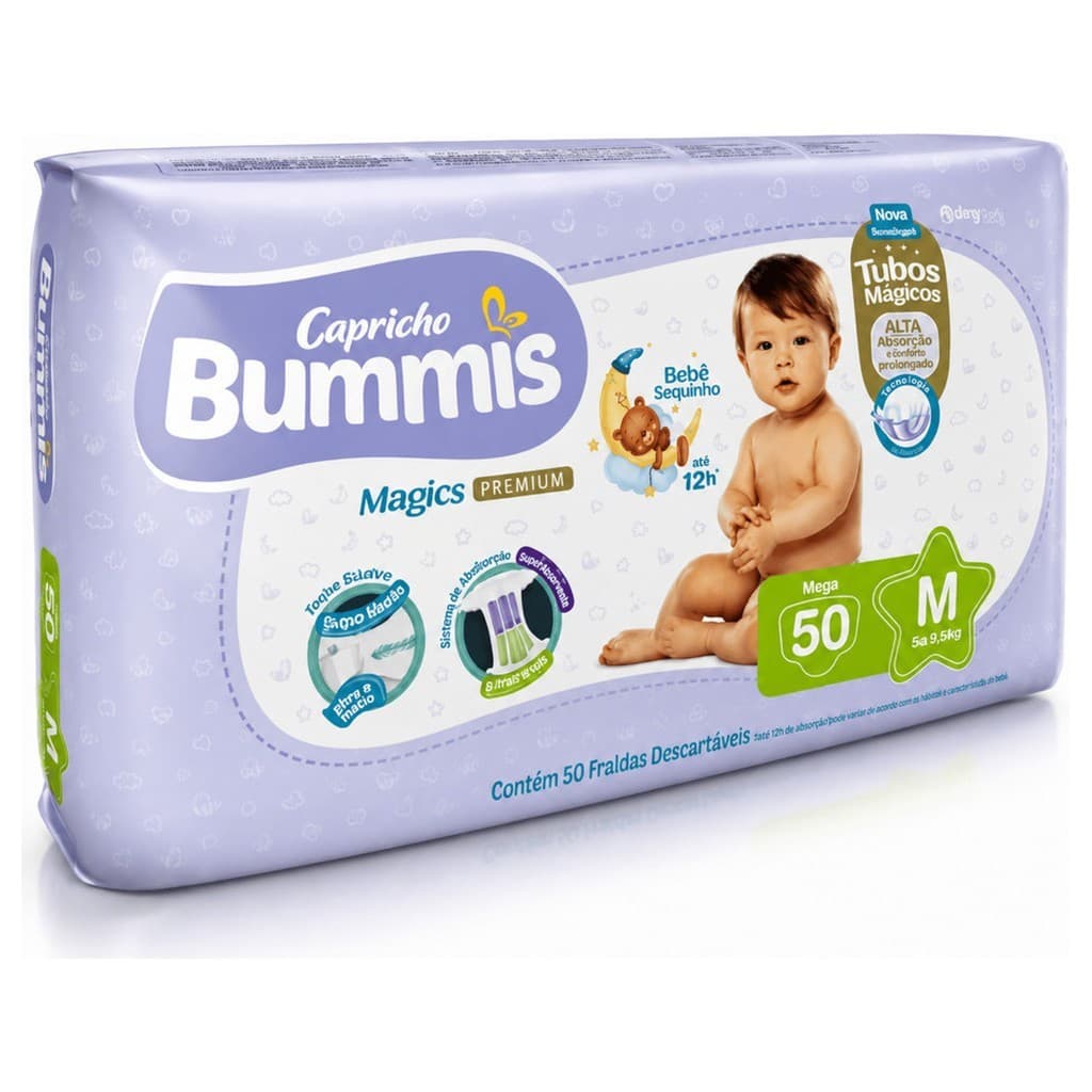 Fraldas Descartáveis Bummis Tamanho M Magics Premium 50 Unidades