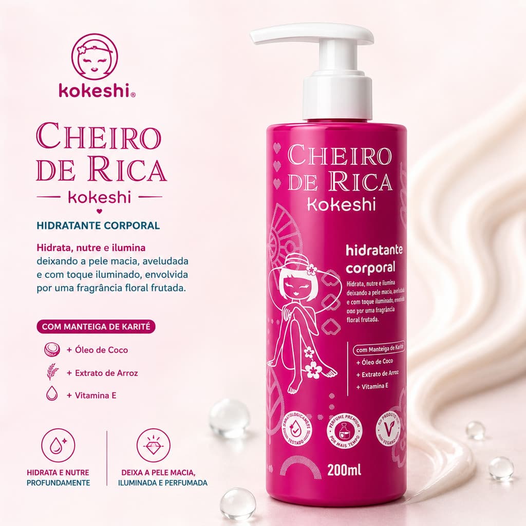 Hidratante Corporal Cheiro de Rica 200ml KOKESHI Creme Hidratante Corporal Kokeshi Creme Corporal