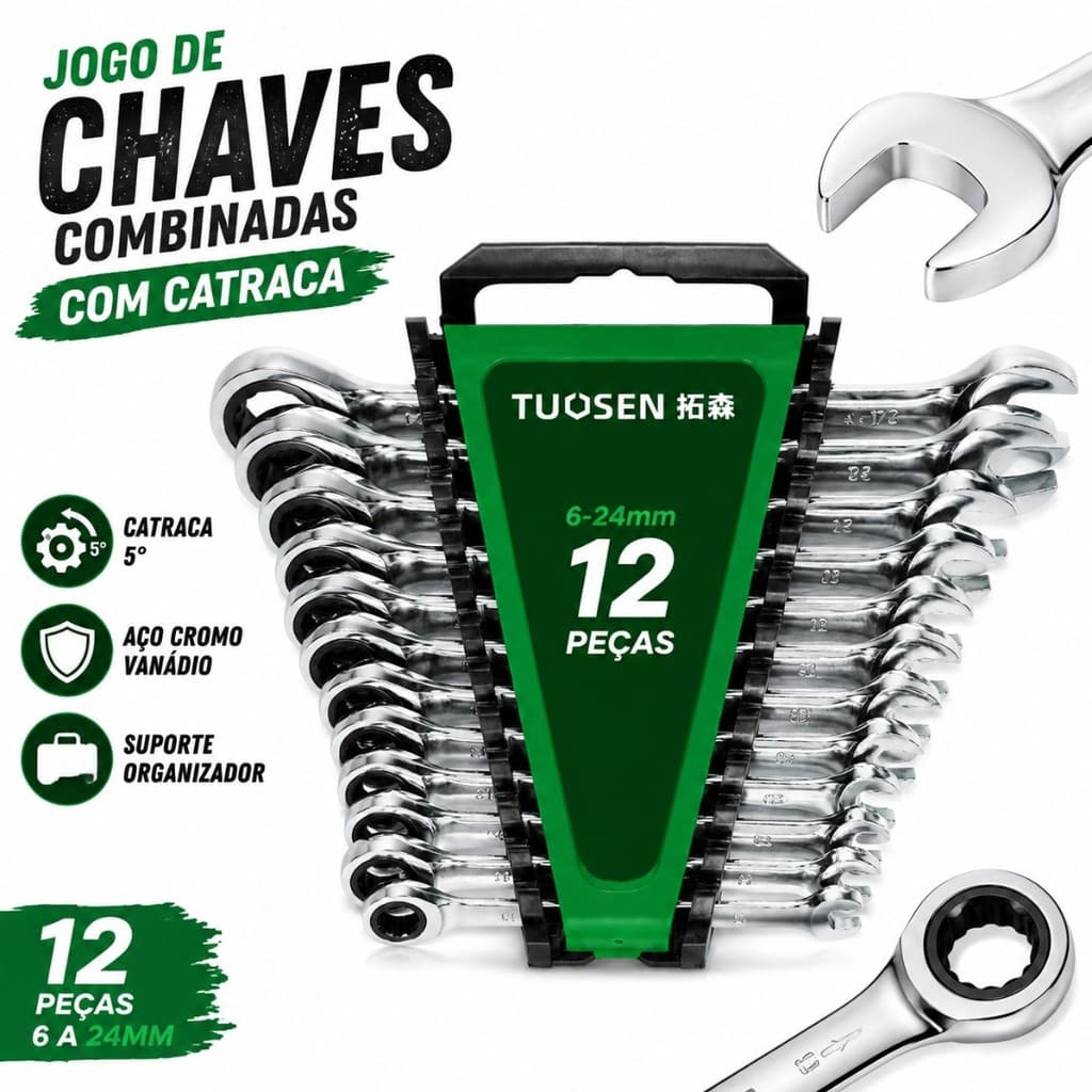 Jogo De Chaves Combinadas Com Catraca 12 Peças Aço Cromo Vanádio 6 A 24mm