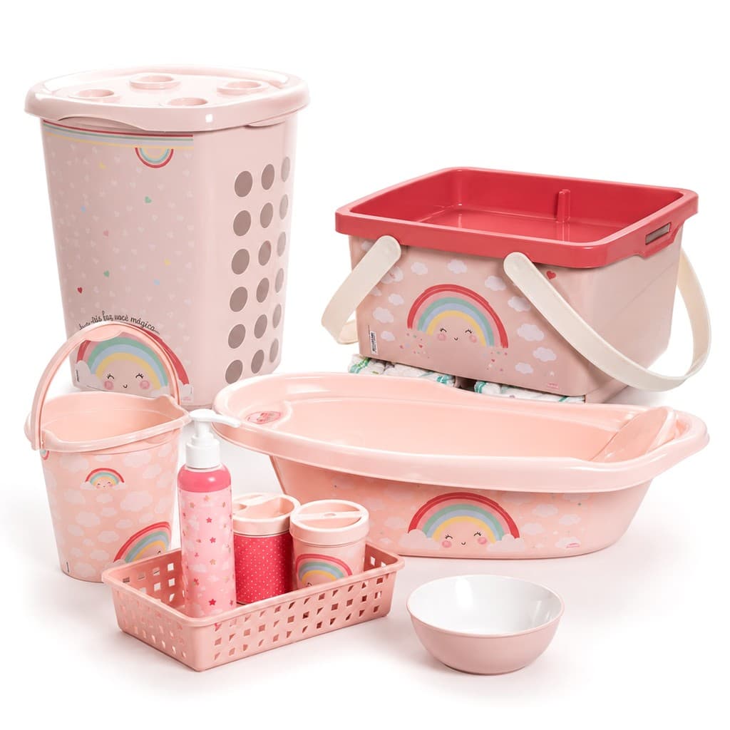 Kit Bebê Completo Arco-Íris 9 Peças Banheira Cesto Roupas Balde Caixa Higiene Infantil - Plasútil
