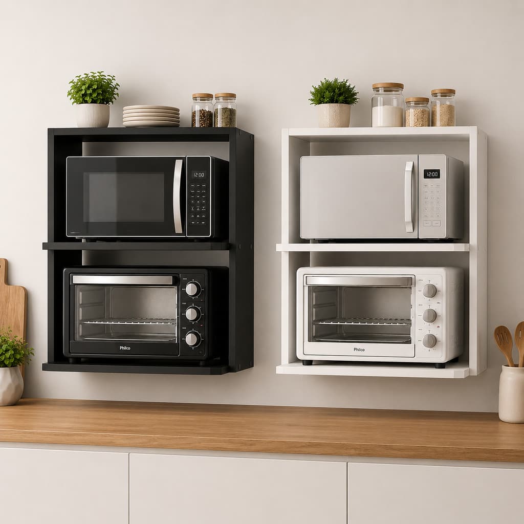 Suporte Flutuante Para Microondas Forno Eletrico E Air Fryer Prateleira Nicho MDF De Parede Branca E Preta