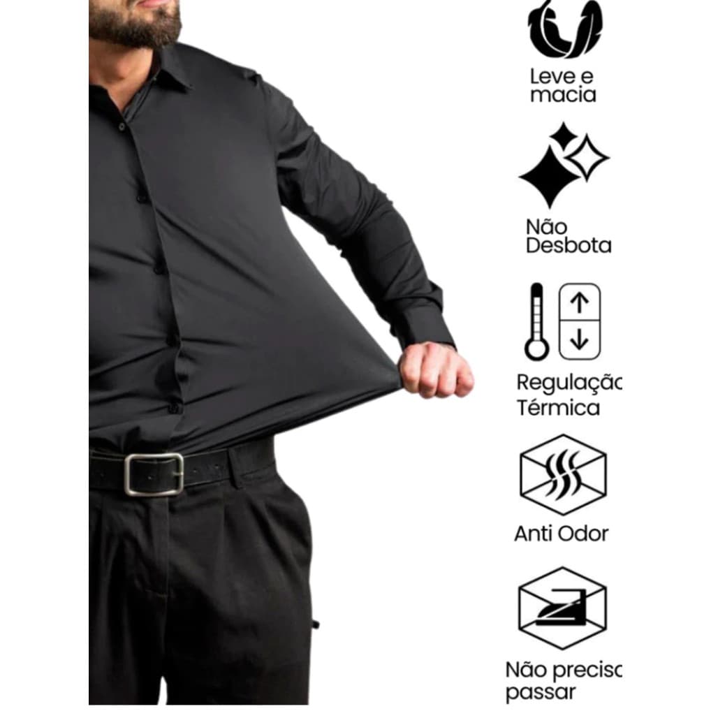 Camisa Social Masculina Manga Longa com Elastano Slim Confortável Elegante para Festa Trabalho