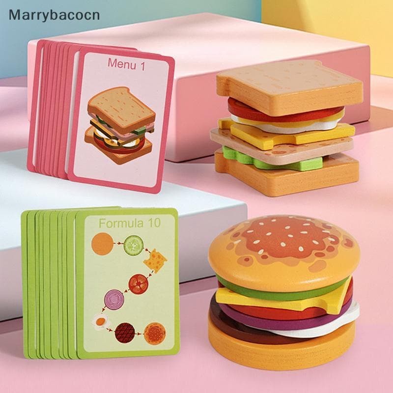 [MAR] Brinquedos De Madeira Hamburg Sandwich Staing Para Crianças E Montessori Educativos Pré-Escolares Brinquedo De Coz