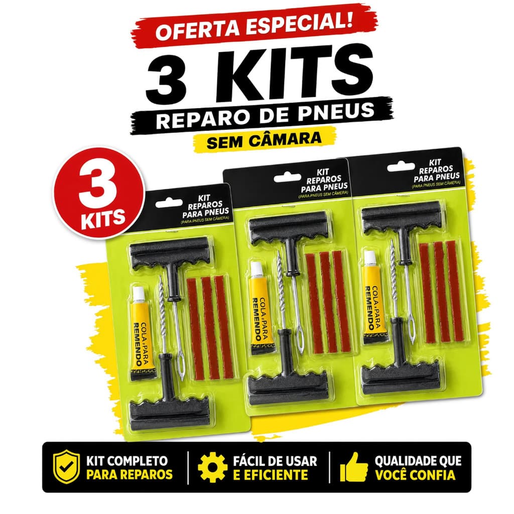 Kit de Reparo de Pneus Sem Câmara Tubeless 3 Kits Completo Macarrão Cola Remendo Carro Moto