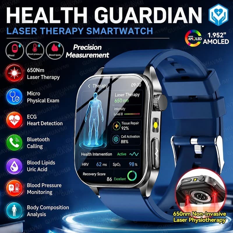 2026 Novo Tratamento De Laser Não Invasivo Três Alto Smartwatch Relógio Inteligente Homem ECG Teste Cardíaco Gordura Art
