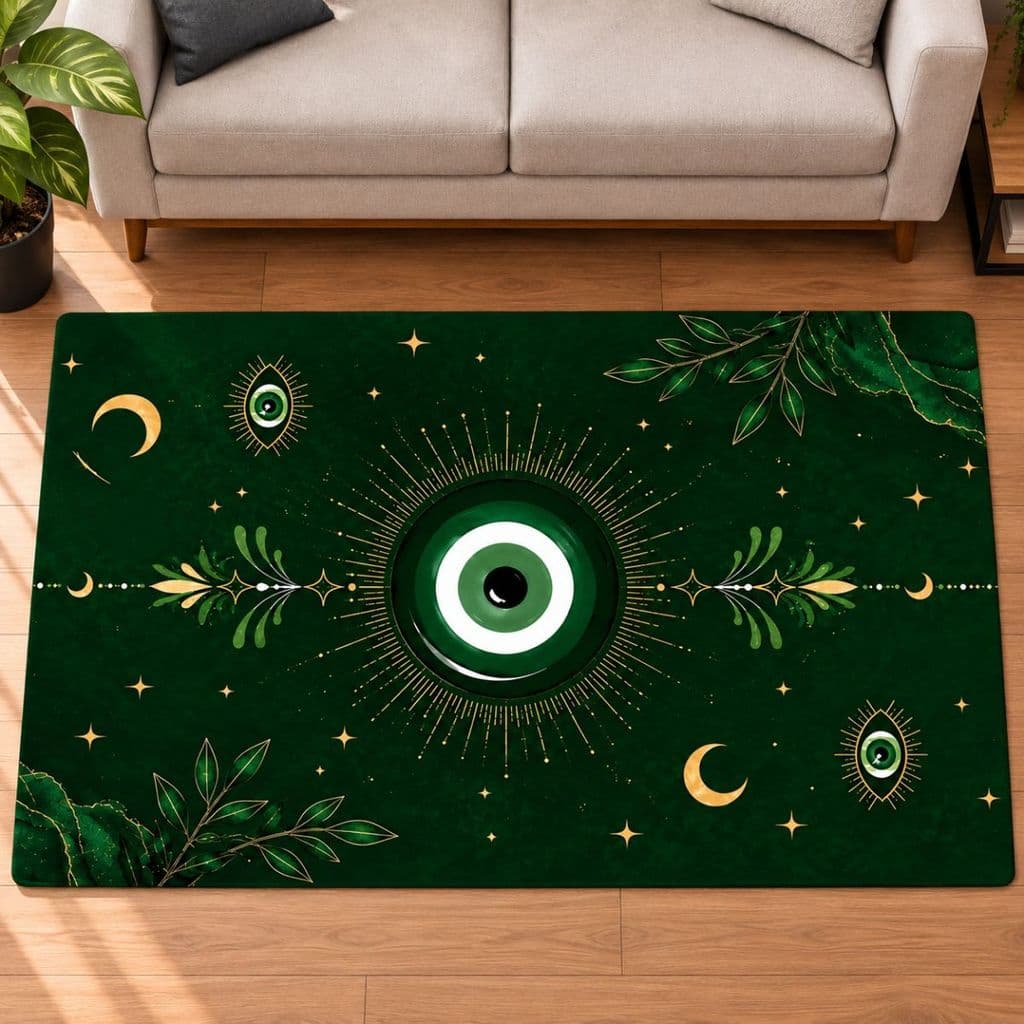 Tapete Decorativo Olho Grego 118x70cm Antiderrapante Sala, Quarto e Escritório Verde