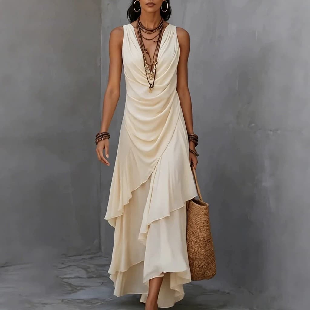 Vestido feminino sem mangas, com decote em V e bainha com babados, vestido longo de chiffon com corte irregular, ideal p