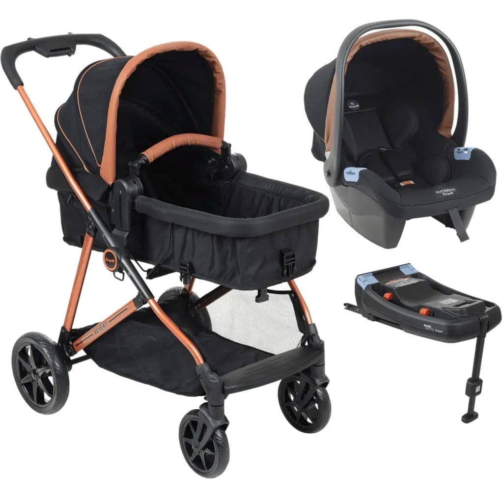 Carrinho de Bebê Burigotto Revert 22 Preto Cobre + Bebê Conforto Materna + Base Isofix