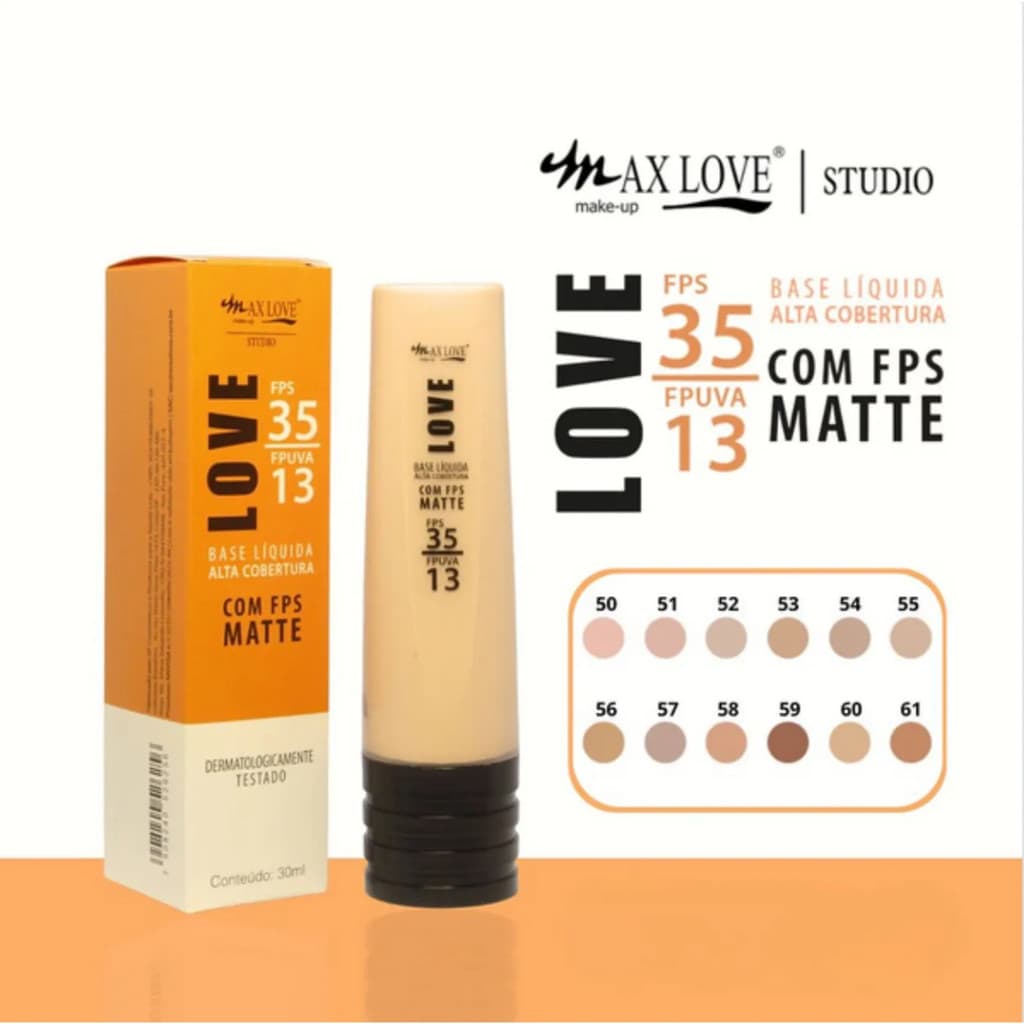 Base Líquida Alta Cobertura com FPS Matte 50 ao 61 Max Love- 30ml